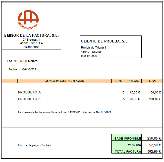 factura rectificativa por importe total
